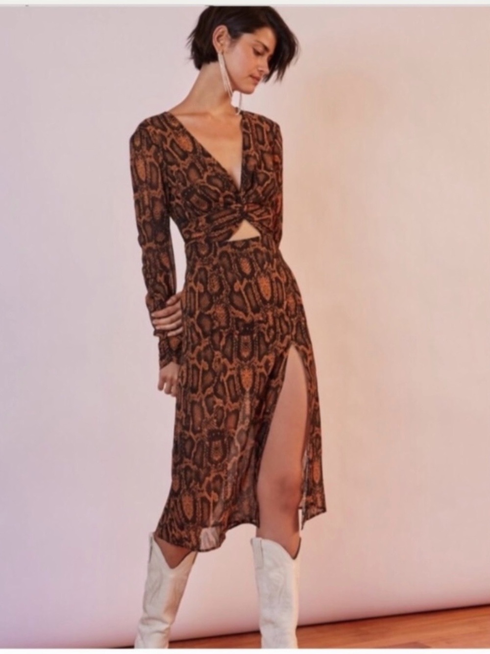 Finders Keepers Cutout Snakeskin Midi Dress in Tan Brown Sz:M